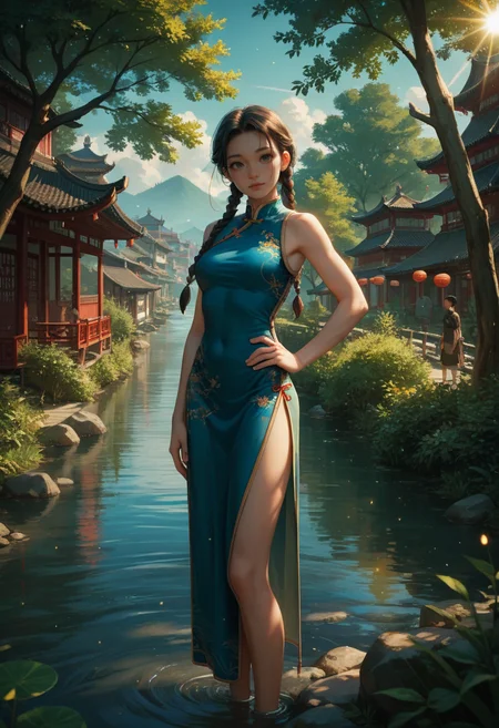 score_9, score_8_up, score_7_up, score_6_up, source_anime, masterpiece, newest,
hair, twin braids, china dress, china, outdoors, village, tree, river, pelvic curtain, light particles, sunbeam, hand on own hip, head tilt, lens flare, from side, people fishing on background