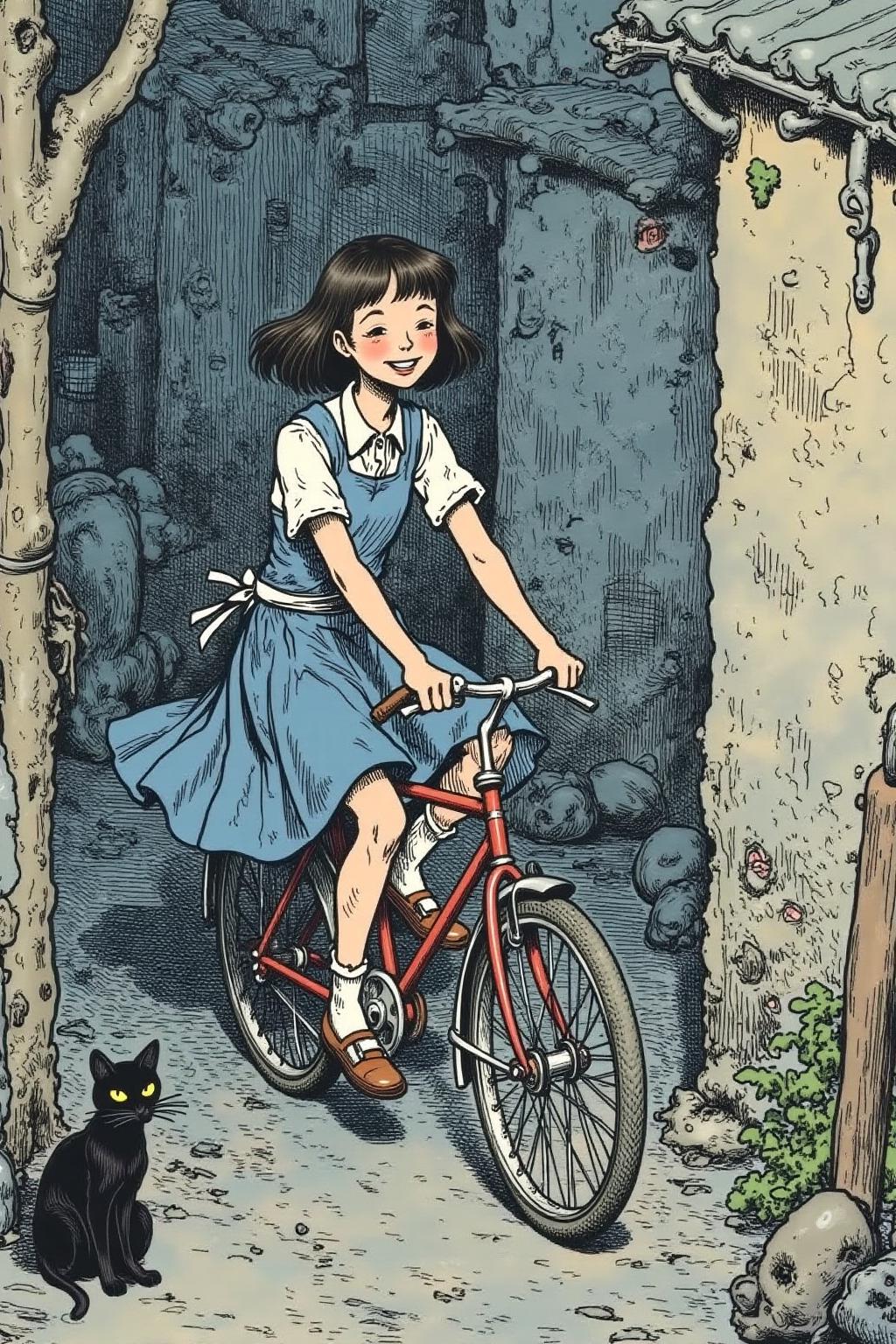 gusdore1 illustration.
A Japanese school girl riding a old style bicycle through a narrow, quiet street at night. The happy woman wears a simple, flowing dress. In the corner, a small black cat with piercing eyes sits watching her quietly.  <lora:gusdore1_flor2_d4a2:1.0><lora:799566672773117148:0>