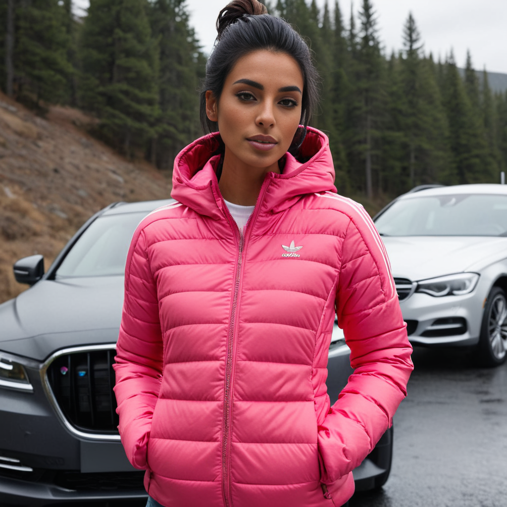 (dark cinematic still, dark vibes) sexy slim skinny one hispanic tall women ,unique, wearing a hooded pink adidas_puffer_jacket, unique hair styles, 8k uhd, dslr, high quality, photorealistic, realism, hyperrealism,  ((car scene)),
<lora:adidas_puffer_jacket_v1:1>