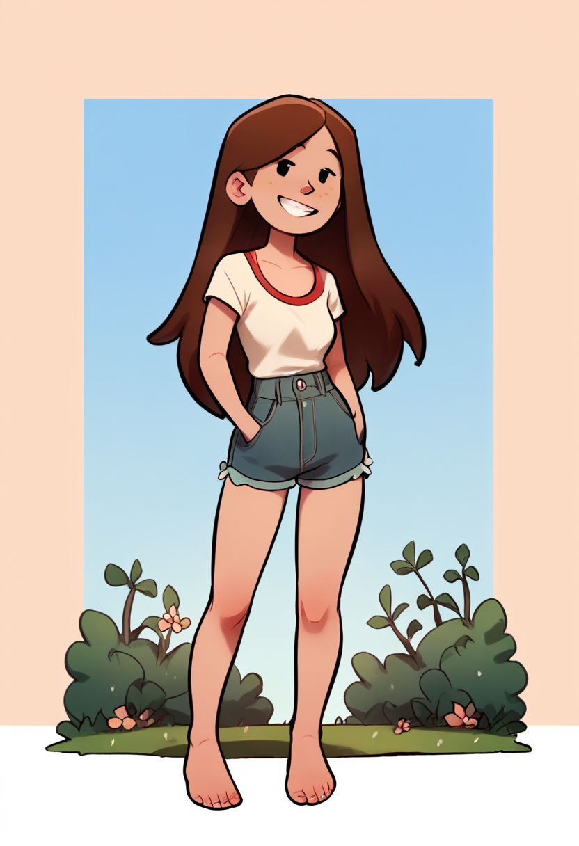 score_9, score_8_up, score_7_up, score_6_up, score_5_up,  1girl, solo, full body,
(source_cartoon),
<lora:Mal (Storybooth)_v03-0:0.85>
Mal_Storybooth, brown hair, long hair, straight hair, dot eyes, grin,
outdoors, detailed background,
<lora:Expressive_H:0.7> Expressiveh,
<lora:add-detail-xl:0.9>