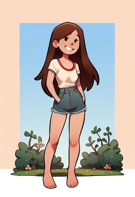 score_9, score_8_up, score_7_up, score_6_up, score_5_up,  1girl, solo, full body,
(source_cartoon),
<lora:Mal (Storybooth)_v03-0:0.85>
Mal_Storybooth, brown hair, long hair, straight hair, dot eyes, grin,
outdoors, detailed background,
<lora:Expressive_H:0.7> Expressiveh,
<lora:add-detail-xl:0.9>