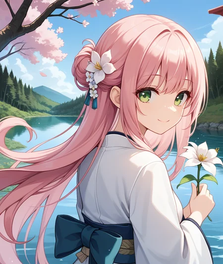 1girl, score_9, flower, long hair, tree, water, white kimono, outdoors, green eyes, scenery, lake, pink hair, long hair, smile, sky, looking back, upper body, holding flower,