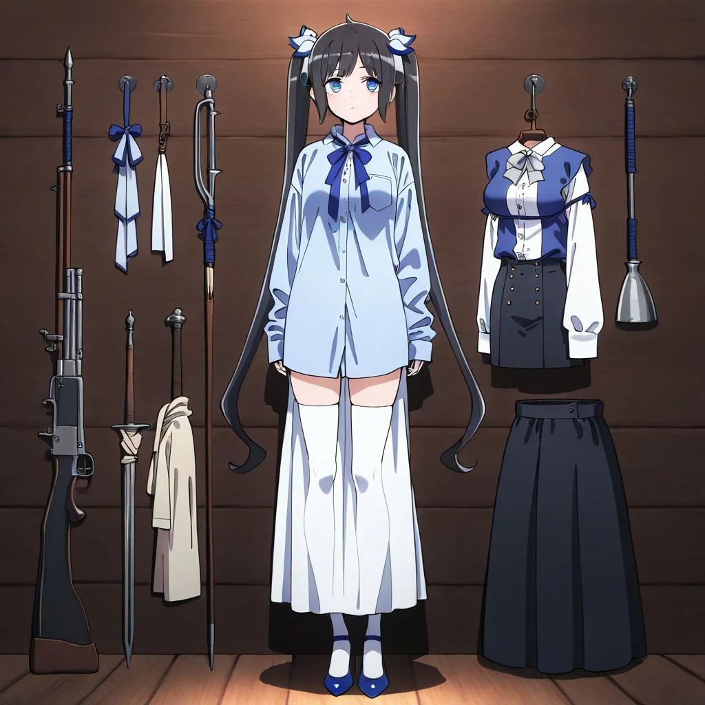 1girl, solo, hestia_ducklabz_lora, black hair, blue eyes, long hair, twin tails, blue ribbon, oversized shirt, button-up shirt, blue shirt, long sleeves, sleeves past wrists,, white tie, white pencil skirt, long skirt, white thighhighs, blue pumps, in medieval weapons shop
