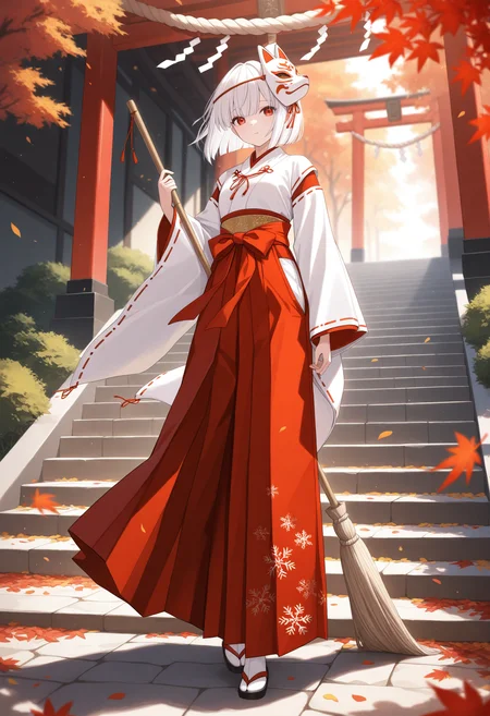 masterpiece, best quality, 1girl, solo, tw0B, asymmetrical_bob, white_hair_with_red_ends, miko_attire, crimson_hakama, snowflake_patterned_shiromuku, gold_obi, stone_stairs_with_maple_leaves, towering_cedars, floating_shimenawa, sweeping_fallen_petals, dusk_glow, depth_of_field, glowing_fox_mask_waist_accessory, wind-blown_sleeves, autumn_breeze_effect
 <lora:DetailedEyes_V3:1>