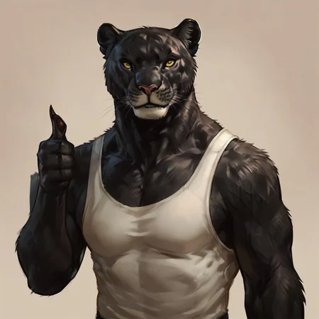 Score_7_up, score_8_up, upper body, re_an,
BREAK,
Panther, feline, anthro, mammal, black fur, tank top, yellow eyes, (thumbs up), looking at viewer, claws, simple background, smile,