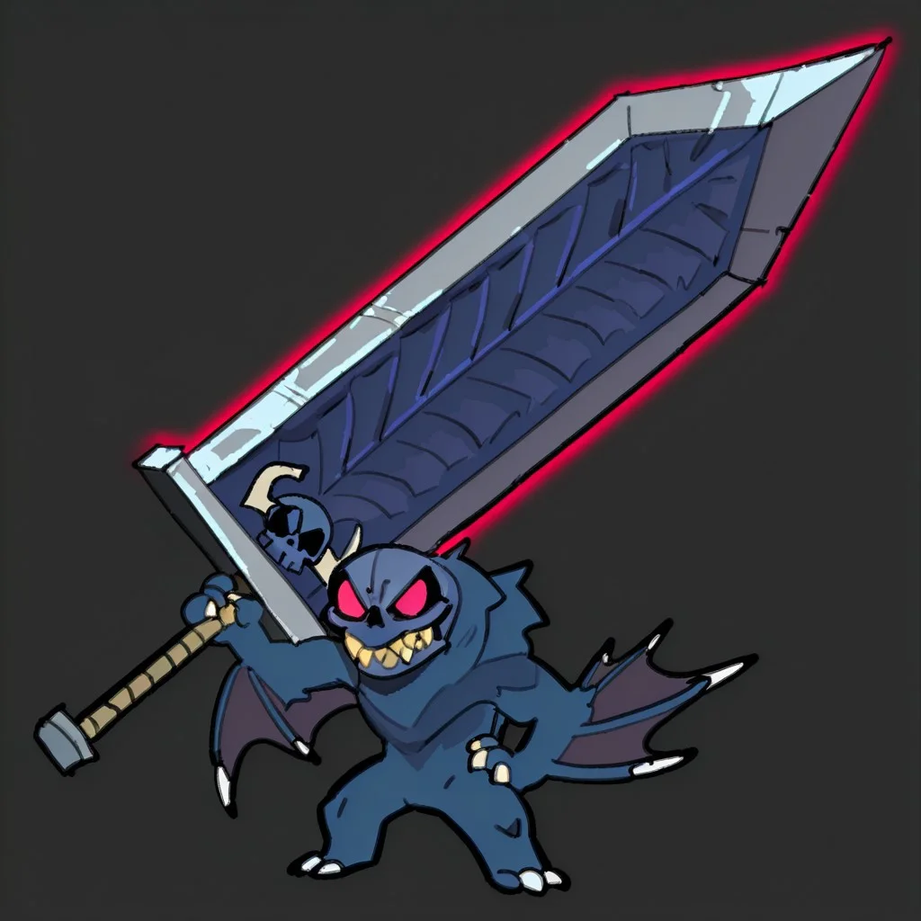detailed, masterpiece, high quality, absurdres, solo, full body, battle pose, chibi,
tmchng, weapon over shoulder, oversized object, huge weapon, greatsword, standing, full body,
solomon, kaiju, demonic kaiju, no humans, humanoid, dark blue skull face, monster, dark blue fur, dark blue skin, glowing red eyes, sharp teeth, humanoid arms, sharp claws, white claws, bat wings coming out of his arms