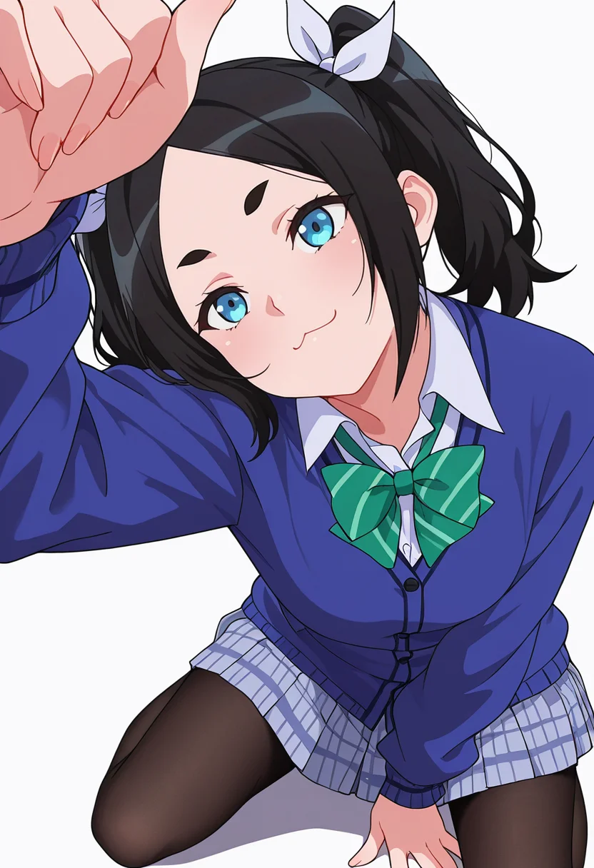 Smooth Quality,masterpiece,very intricate, high quality details, ultra realistic, high detailed skin,detailed enviorement,absurdres,
pinky out,solo, 
 <lora:Dannar_Toxico_CNR:0.7> toxico_cnr, 1girl,black hair, twintails, blue eyes, thick eyebrows,toxico_school_cnr, school uniform, white shirt, collared shirt, blue cardigan,pleated skirt, black pantyhose, hair ribbon,green bow,green bowtie,, simple background, white background, sideways,
kneeling, one hand on ground, reaching forward, focused, tense,  ,, :3,