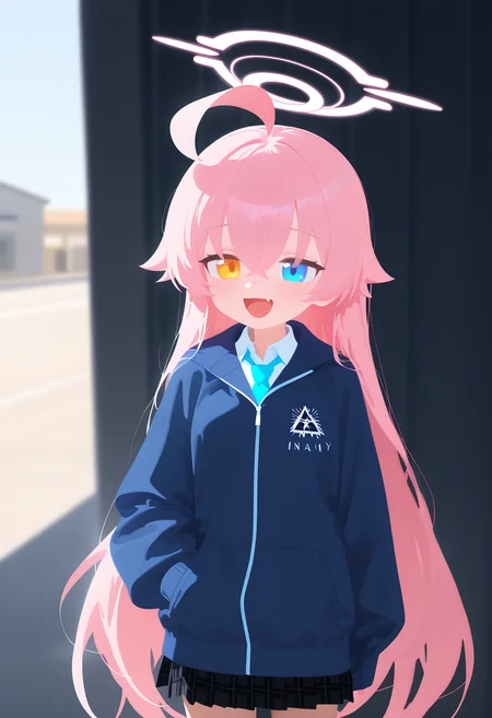 masterpiece, best quality, amazing quality, very aesthetic, newest, general,
solo, hoshino \(blue archive\), blue archive, heterochromia, fang, blue eyes, hair between eyes, yellow eyes, pink hair, very long hair, ahoge, halo, pink halo, small breasts, happy,
(school uniform:1.2), school uniform under jacket, (opened navy blue jacket:1.15), standing,
Garage,
minimalism, (no lineart:1.2763), blending, flat color, limited palette, <lora:nyalia:0.3>, <lora:dj_sloppa_ill_v2:0.6>,