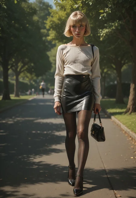 score_9, score_8_up, score_7_up, score_6_up, score_5_up, score_4_up, 1male, crossdresser, 30 years old ((blonde hair)), ((hime cut)), ((short hair)) 30yo, cutesie, cute , flat chest, ((male chest)) walking alone in the park, shy, blushing, wearing a white ribbed sweater, black leather mini skirt, ((short skirt)) ((tight skirt)) black silk pantyhose, high heels, ((purse on the shoulder)), ladybulge, afraid of being observed, turning head, looking around to see is anyone is following her, a man she just passed turns to look at her, full body shot, side view, dynamic composition, expressiveh