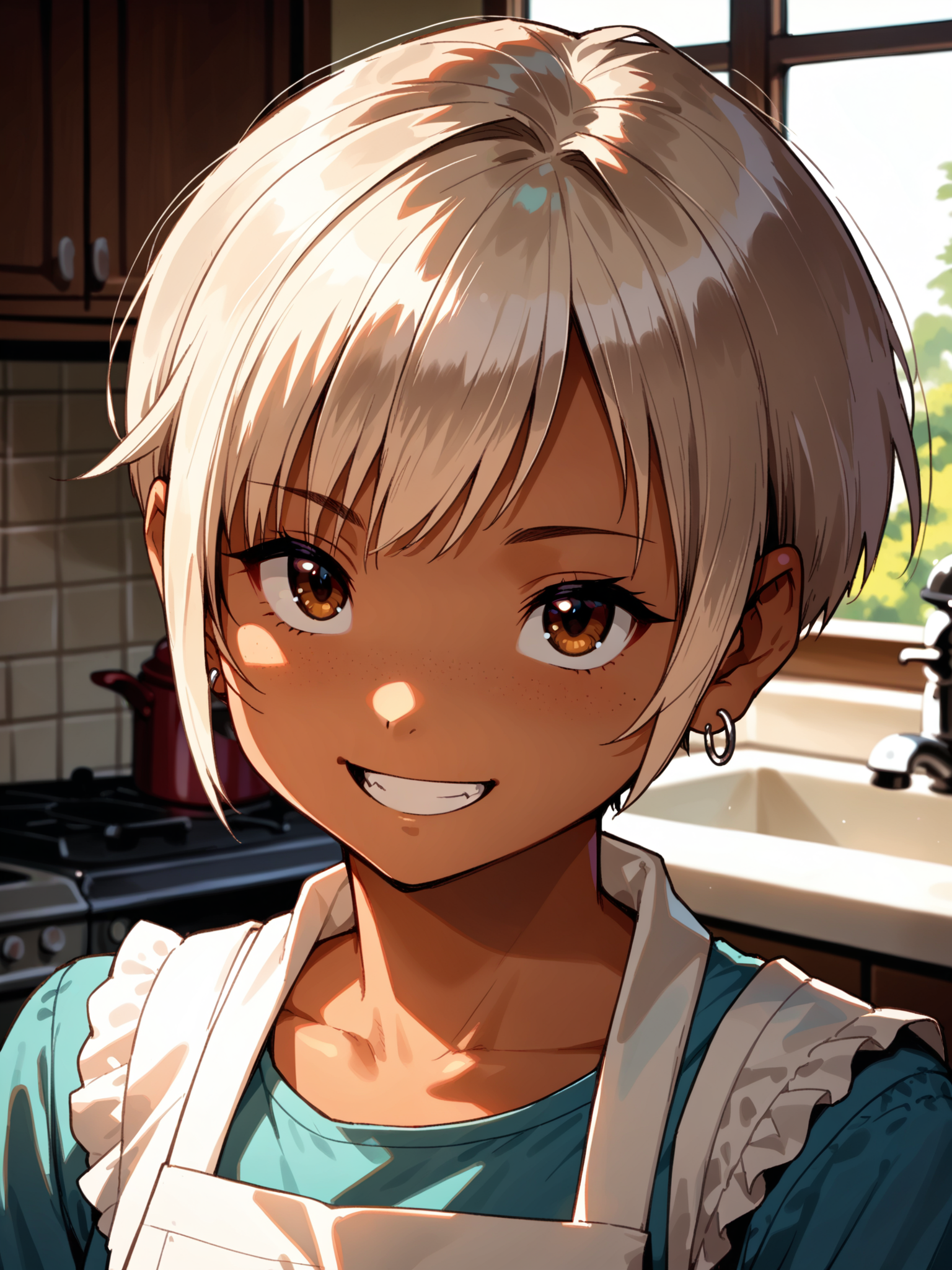 (upper body, solo focus:1.1) <lora:happy_tentacle-cherry_asuka-v0.1-000030:0.9>, ht_cherry_asuka, earrings, tan, brown eyes, (petite:1.2), <lora:Shed_The_Skin's StS_age_slider_v1_initial_release:-1.3> ( :1.1) ( ( head tilt :0.8) , , ( :1.2) , smile , :1.2) , indoors, ((day :0.6), :0.8), ( window :0.9), (furniture:0.9), , , , , ( :0.9), kitchen, apron ( :0.8) score_9, score_8_up, score_7_up, score_6_up, score_5_up, score_4_up, ( [(realistic, photorealistic:1.3):(realistic:1.2):16] [(3d:1.2)::14] :1) <lora:LUUNA's Lunas-NijiJourney-SDXL-B2:0.35>, nijijourney <lora:prgfrg23's Counterfeit-V3.0 Style SDXL_LoRA_Pony Diffusion V6 XL:0.5> <lora:mfcg's mfcgXL:0.12> <lora:reweik's gyokai(himehajime)_PonyXL_style_v01:0.14>