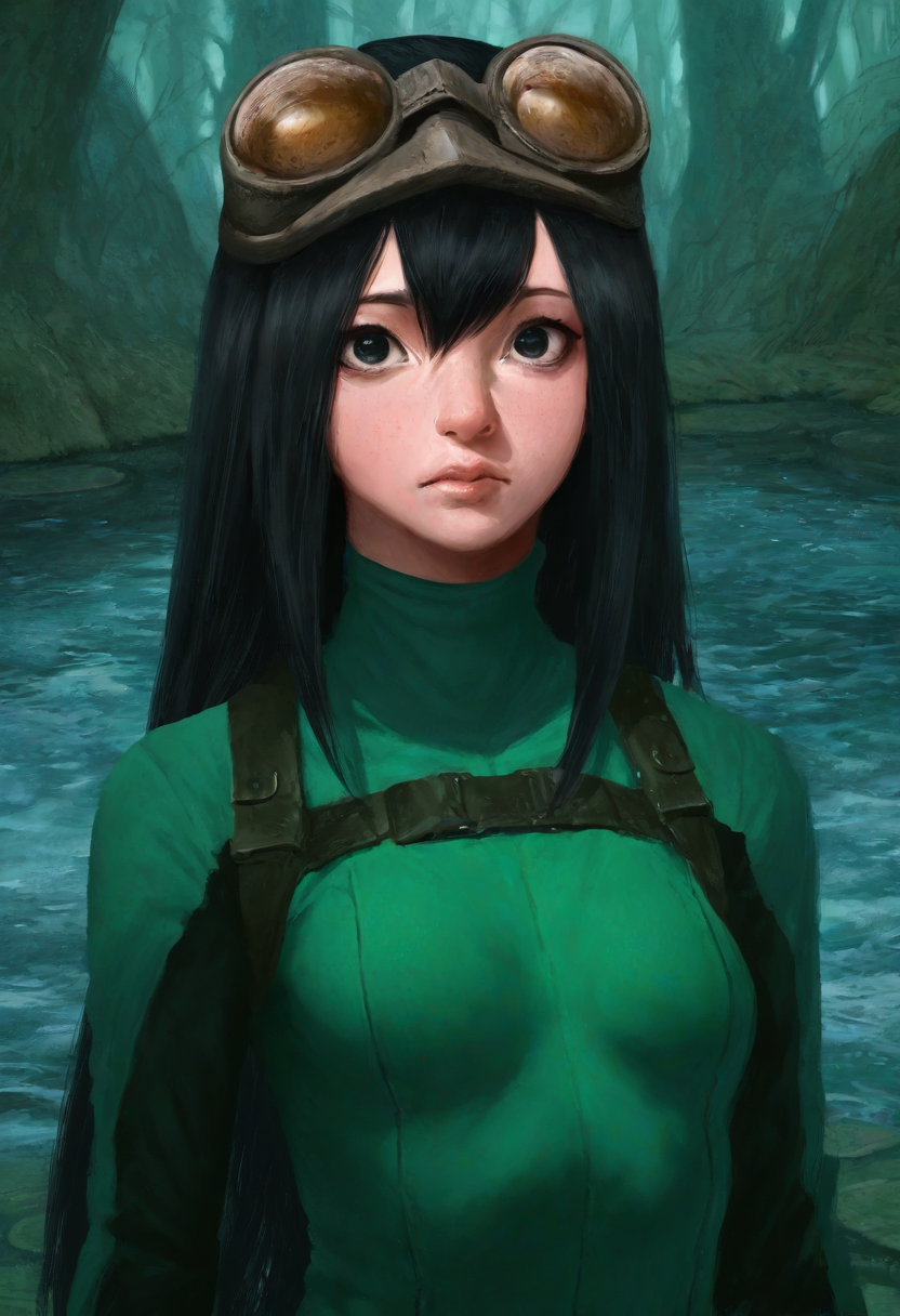 manzaneedostyle, masterpiece, dark_fantasy, hyper_realistic, painting,  best quality, solo, detailed face, detailed eyes,  , Tsuyu Asui, detailed face, detailed eyes, textured, water pond background,  sultry, big eyes, black hair, GREEN BODYSUIT, GOGGLES, small breasts,