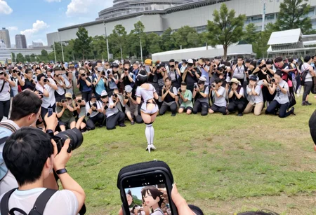 masterpiece, best quality, very aesthetic, absurdres,
comiket_cosplay_Hiroba,, 6+boys, outdoors, multiple boys, camera, shirt, day, backpack, multiple girls, bag, crowd, black hair, sky, building, hat, phone, taking picture, white shirt, photo background, 6+girls, cloud, tree, holding, cellphone, short hair
<lora:comiket_cosplay_SDXL_V2:1>