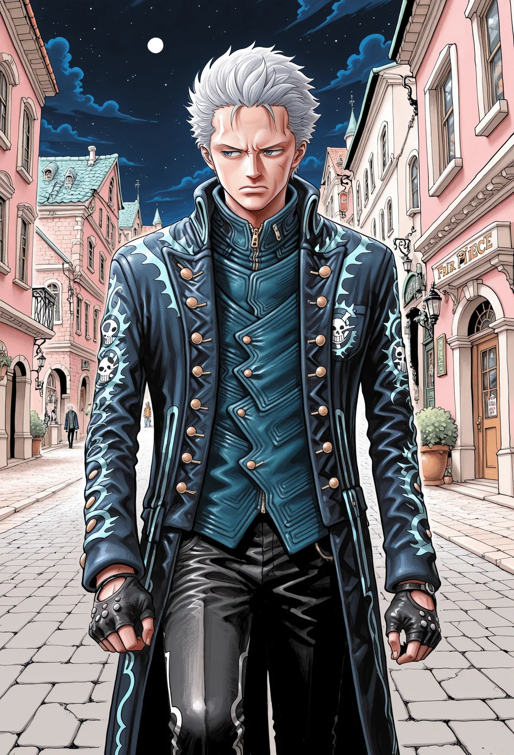 score_9, onepieceartstyle_style, onepieceartstyle, source_artwork, masterpiece, best quality, hyper-Detailed, 1man, solo, male focus, alone, detailed, DMC5Vergil ((toned body, fair skin, white hair, short hair, blue detailed eyes,)), ((wearing black coat, black pants, black fingerless gloves)), serious, looking away, walking, italian streets, night