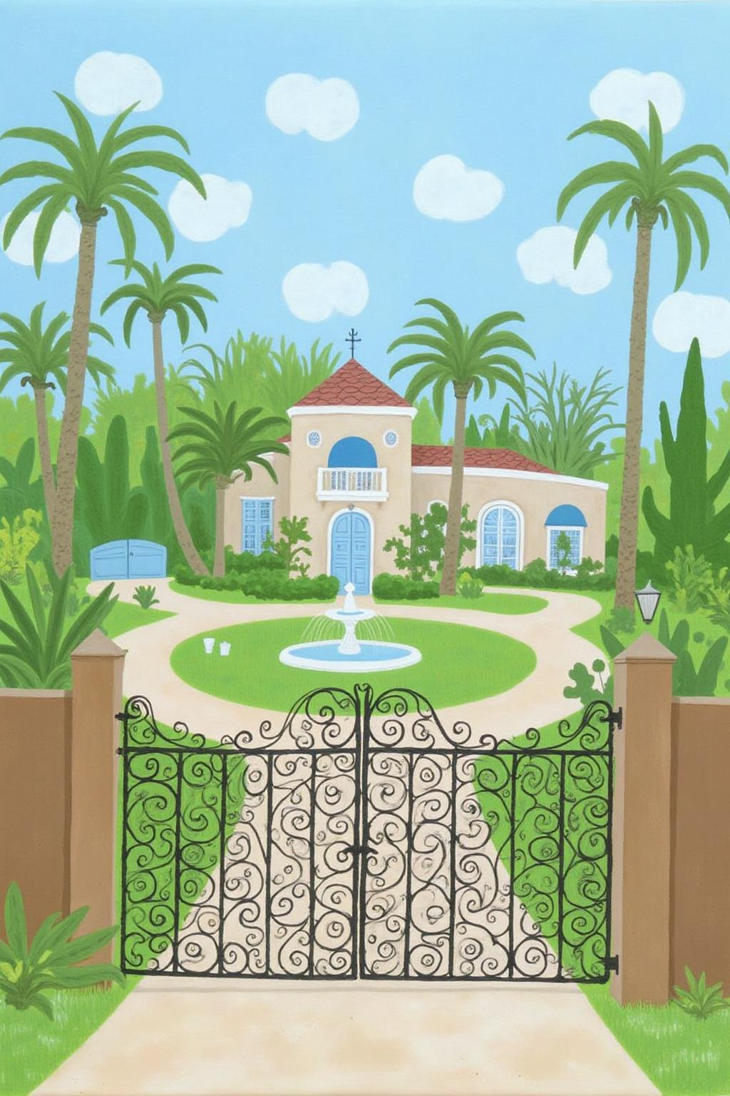 dorislee1 painting.
A mansion set in a lush garden. The mansion, positioned centrally, has a light beige facade with blue trim and a red-tiled roof. It features multiple arched windows and a prominent arched entrance with a blue awning.
There is a fountain in front of the mansion, sourrouned by palm trees.
In the forground is a closed iron gate.
 <lora:dorislee1_cap_d6a3:1.0><lora:834816332659855731:0>