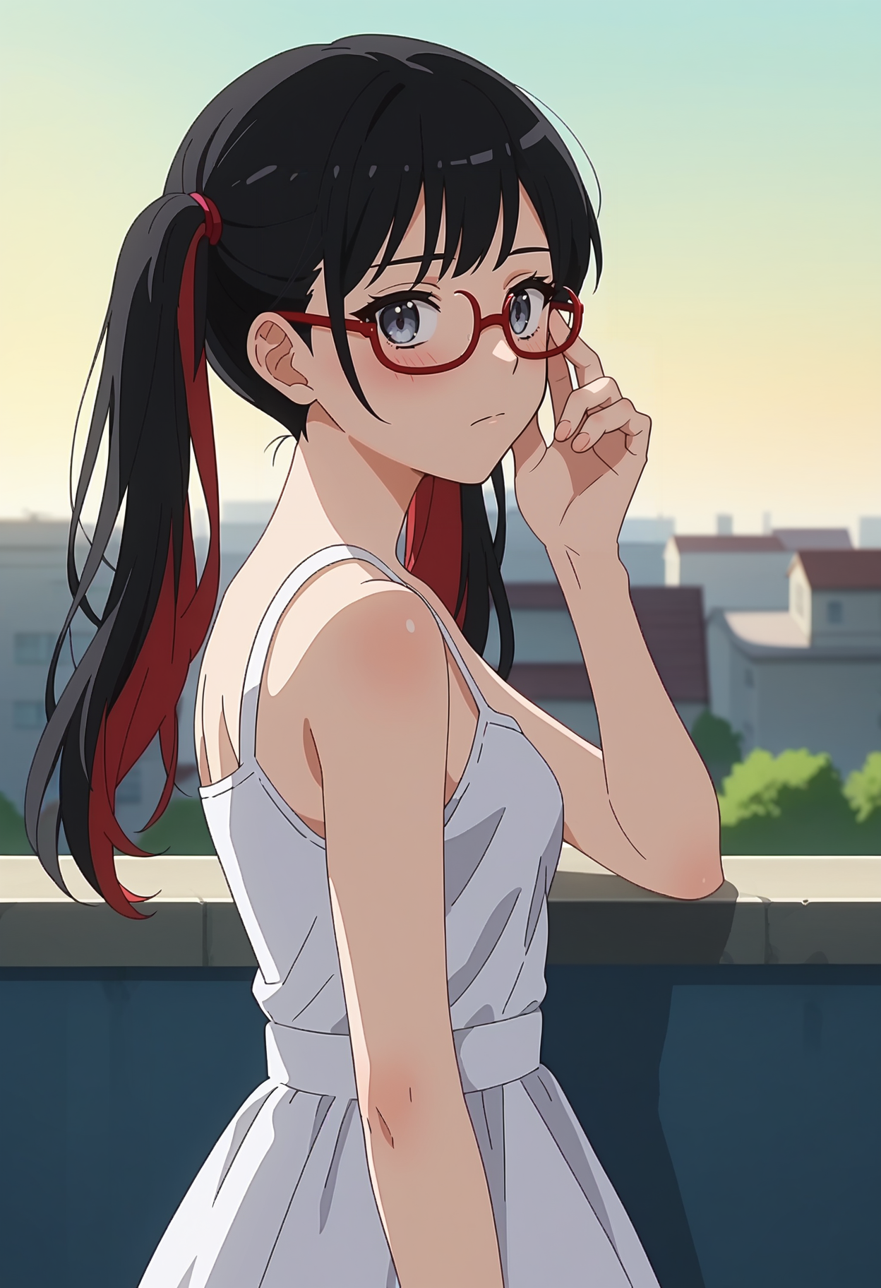 score_9, score_8_up, score_7_up, anime screencap, source_anime, 1girl, solo,
<lora:Nowa_Dress_up_Darling_V2:.85>, KJOnowa, grey eyes, black hair, multicolored hair, twintails, 
white sundress, bare shoulders, expressionless, looking at viewer, blush, embarrassed, glasses,
adjusting glasses, wind, from side, 
rooftop,
(Beautiful, small Breasts:1.2),