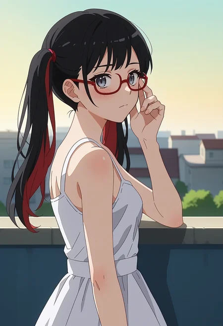 score_9, score_8_up, score_7_up, anime screencap, source_anime, 1girl, solo,
<lora:Nowa_Dress_up_Darling_V2:.85>, KJOnowa, grey eyes, black hair, multicolored hair, twintails, 
white sundress, bare shoulders, expressionless, looking at viewer, blush, embarrassed, glasses,
adjusting glasses, wind, from side, 
rooftop,
(Beautiful, small Breasts:1.2),