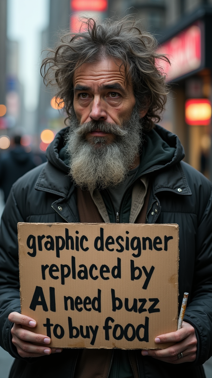 a scruffy dirty man holding a cardboard sign that says "graphic designer replaced by AI need buzz to buy food", photograph, portrait, best quality, a very dirty homeless man in his mid-30s with bushy eyebrows and tired eyes, greasy matted tangled hair, standing on the side of a busy street in New York City, (holding a cardboard sign with the words: 
"graphic designer 
replaced by AI 
need buzz 
to buy food") , 
the man has a long scruffy beard and dirty face, dirty clothes, boiler suit, hipster, artist, cinematic style, dramatic lighting, perspective, depth of field, muted tones, washed out colors, f2.8, Nikon 28Ti, dof, bokeh, highly detailed, lots of film grain, upper body, detailed skin, soft focus, depressed sad tired expression, broken cigarette 