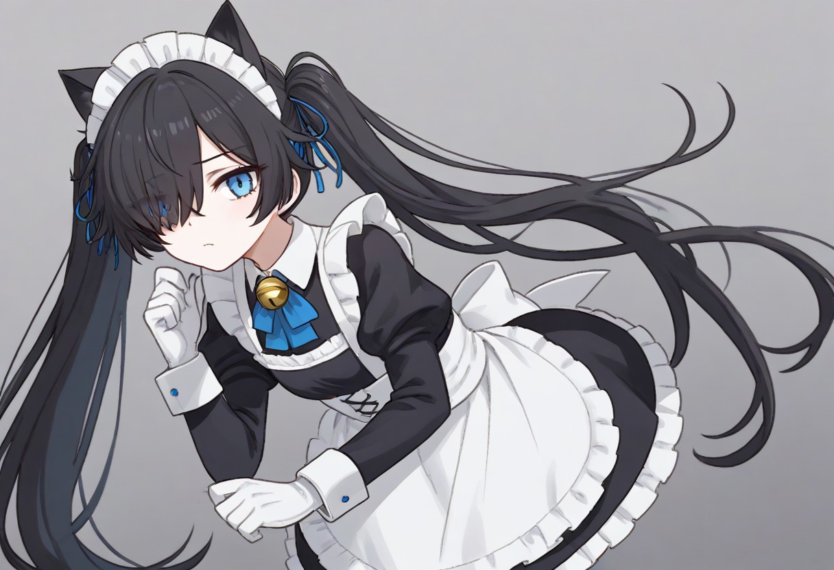 (Maid-kasli), solo, white gloves, dress, hair over one eye, maid apron, blue eyes, twintails, cat ears, maid headdress, maid, gloves, 1girl, apron, juliet sleeves, long sleeves, long hair, black hair, animal ears, bell,(Fall down),