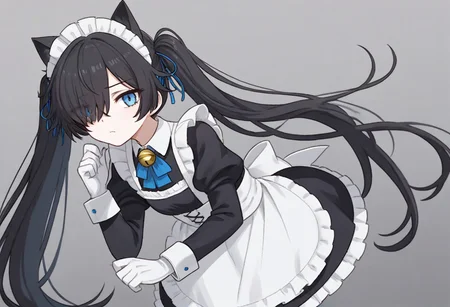 (Maid-kasli), solo, white gloves, dress, hair over one eye, maid apron, blue eyes, twintails, cat ears, maid headdress, maid, gloves, 1girl, apron, juliet sleeves, long sleeves, long hair, black hair, animal ears, bell,(Fall down),