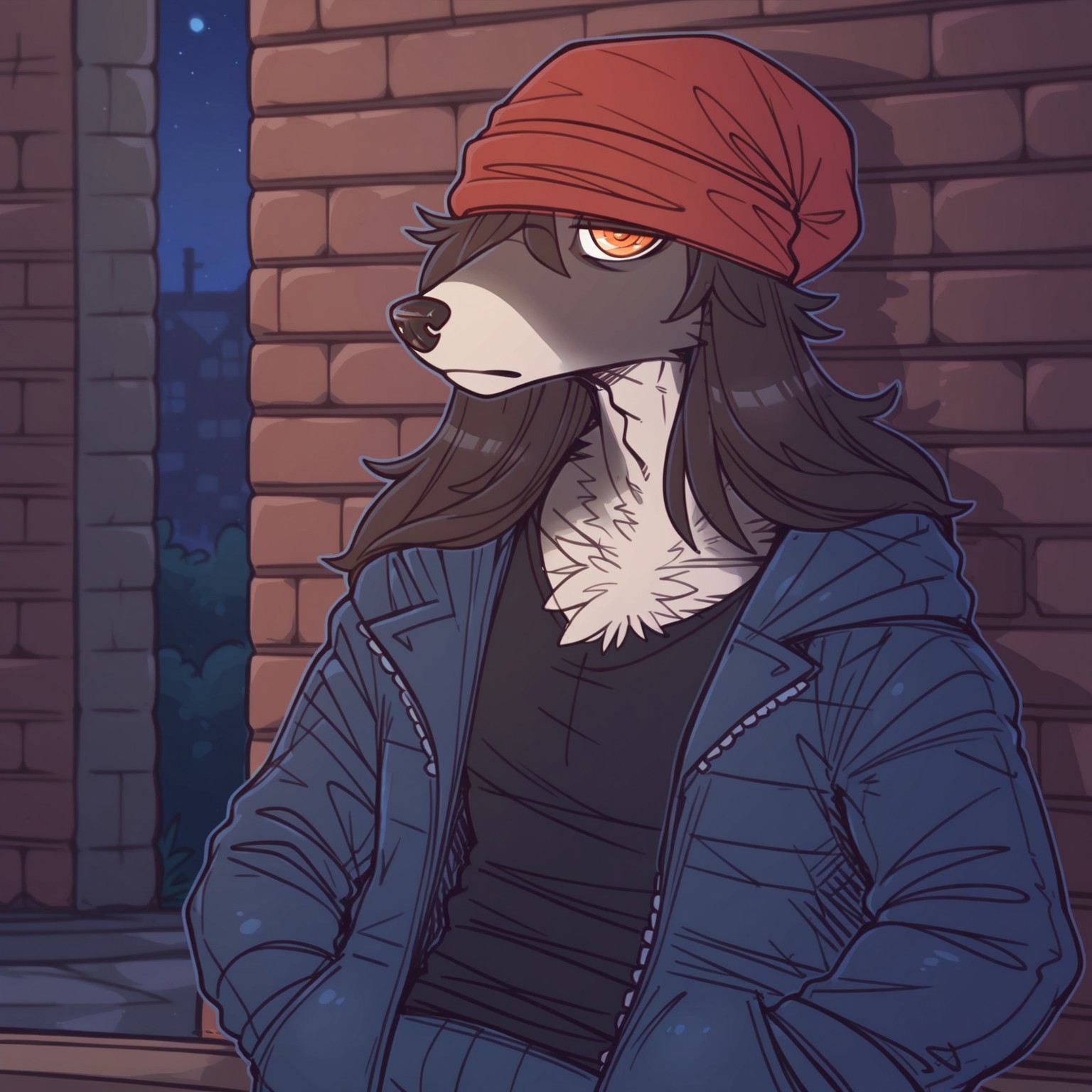 score_9, score_8_up, score_7_up, Expressiveh, masterpiece, best quality, highly detailed, realistic, (zPDXL3), 1boy, solo, (BossDWG, male furry, anthro, canine, red beanie, orange eyes, black nose, black hair, long hair, black body, black fur, tan muzzle, upper body, hair over one eye, blue jacket, black shirt, hands in pocket, blue pants, tail), standing, closed mouth, (((looking at viewer, expressionless))), (alleyway, night, brick wall, outdoors)