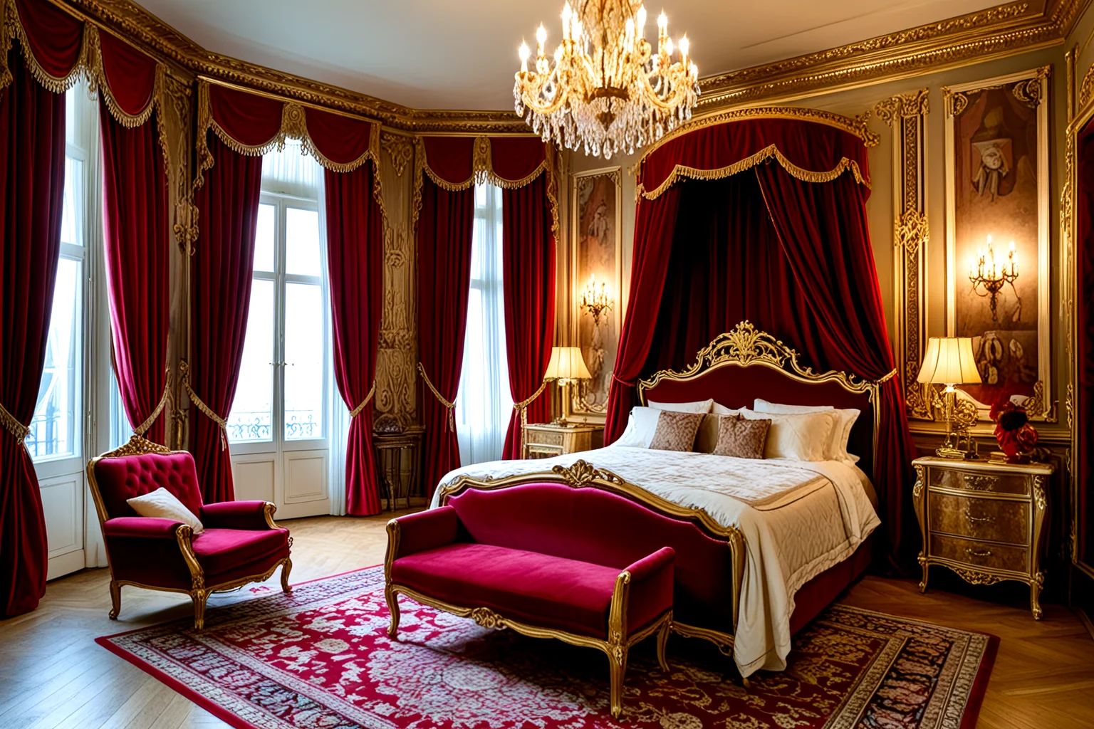 <lora:pytorch_lora_weights_361535:1>,(no humans:1.2),(no animals:1.2),A amateur street photography of a Vintage Glam Bedroom, a glamorous vintage bedroom with an ornate bed frame, crystal chandelier, and velvet upholstery. The room features a mix of antique furniture, mirrored surfaces, and luxurious textiles in soft, rich colors like gold and burgundy.,, Masterpiece,best quality,realistic,HDR, 8K, masterpiece, best_quality, absurdres, ultra-detailed, highly_aesthetic, depth_of_field