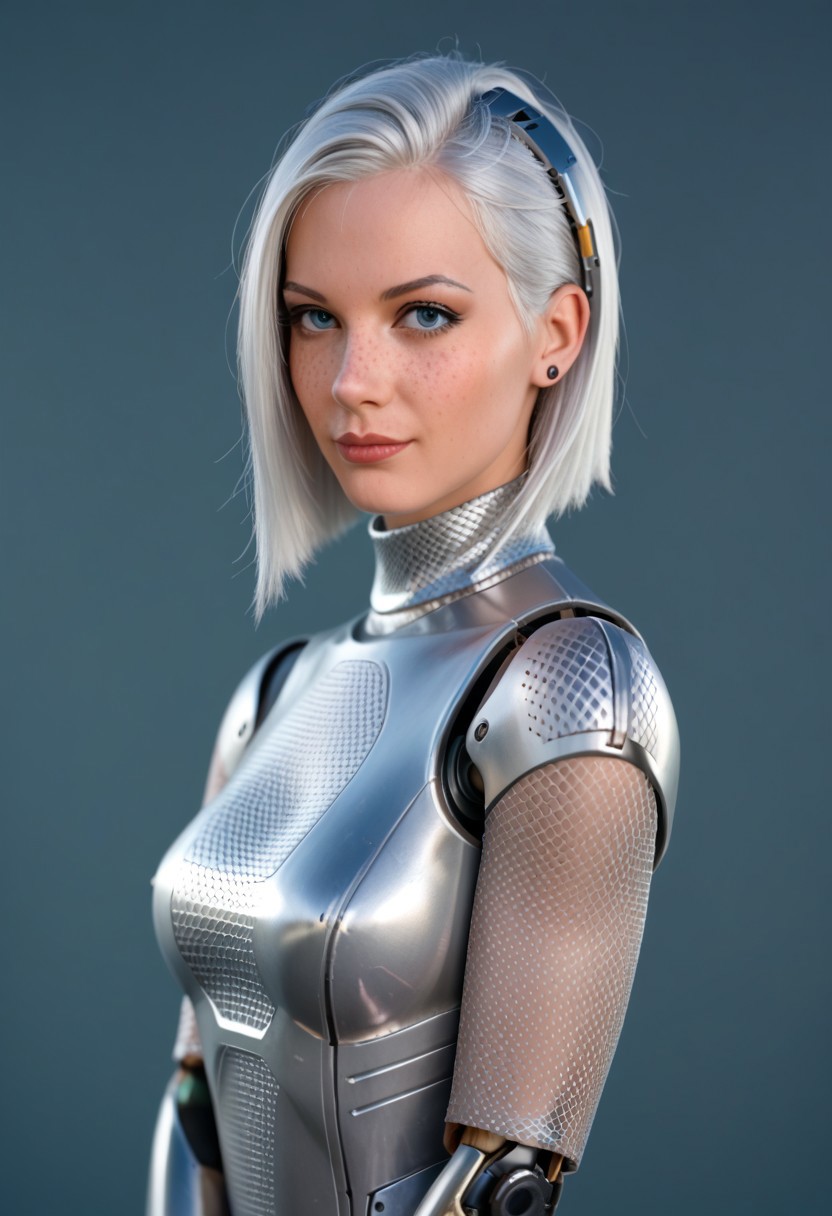 A 35mm photo of a beautiful robotic woman, she has a robotic human head, robot, freckles, silver hair, silver mesh bodysuit, robotic joints, robotic head