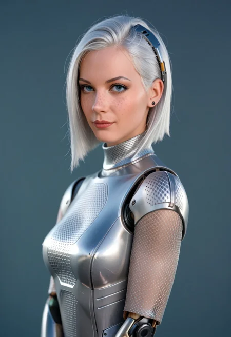 A 35mm photo of a beautiful robotic woman, she has a robotic human head, robot, freckles, silver hair, silver mesh bodysuit, robotic joints, robotic head