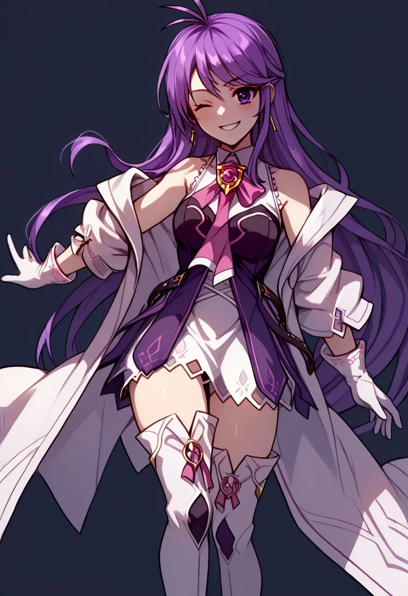 score_9, score_8_up, score_7_up, source_anime, good anatomy, 1girl, solo, AishaAS, antenna hair, ahoge, long hair, purple hair, sidelocks, very long hair, purple eyes, amulet, pink ribbon, wing collar, white and purple dress, layered dress, sleeveless dress, leather belt, off shoulder coat, white coat, white gloves, white thighboots, zettai ryouiki, smiling, leaping, one knee raised, winking