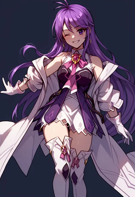 score_9, score_8_up, score_7_up, source_anime, good anatomy, 1girl, solo, AishaAS, antenna hair, ahoge, long hair, purple hair, sidelocks, very long hair, purple eyes, amulet, pink ribbon, wing collar, white and purple dress, layered dress, sleeveless dress, leather belt, off shoulder coat, white coat, white gloves, white thighboots, zettai ryouiki, smiling, leaping, one knee raised, winking