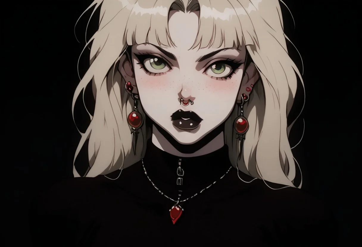 1girl, Kalluto Zoldyck, ((Goth Girl with very pale skin)),   black eyeliner , black lips, big breasts, big ass, thick lips, big lips, large lips,  bimbo lips, enormous lips, big thighs ,excessive pubic hair, plump, abs, wide hips, thick thighs, huge round ass, puckering lips, pouting face, (((blond hair))), two tone hair, 
 lip piercings, nose piercings, multiple ear piercings, navel piercings, septum piercing, 
score_9, score_8_up, score_7_up, score_6_up, source_cartoon, rating_explicit 
The background is a goth style bedroom,  lilandavastyle,
perfect slim figure, red earrings,  blonde, big ass, long braid, big breast, red high top shoes, blush stickers, makeup eyelids, freckles on the face, green eyes, a strand of long hair above the temples, excessive pubic hair, hairy stomach, hairy armpits, happy trail, skin dentation