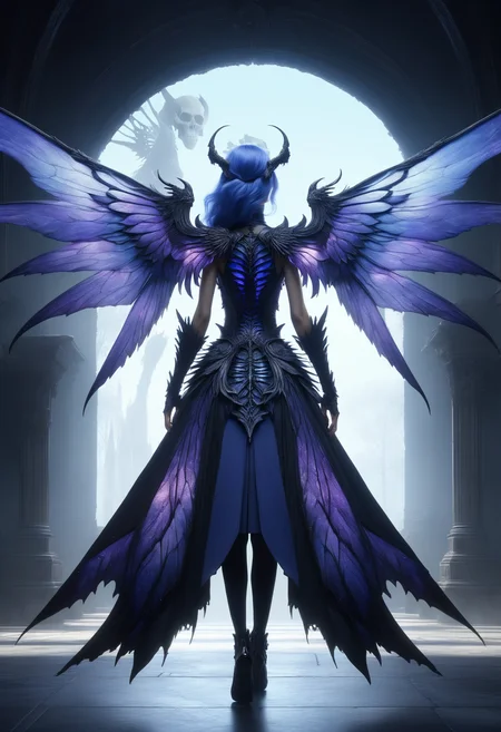 awesome quality, dynamic,DonMDr4g0nXL woman from behind,wings attached to back,skirt, (draconid:0.25) periwinkle umbra necrotic <lora:myLora\DonMDr4g0nXL-v1.1rb:1>