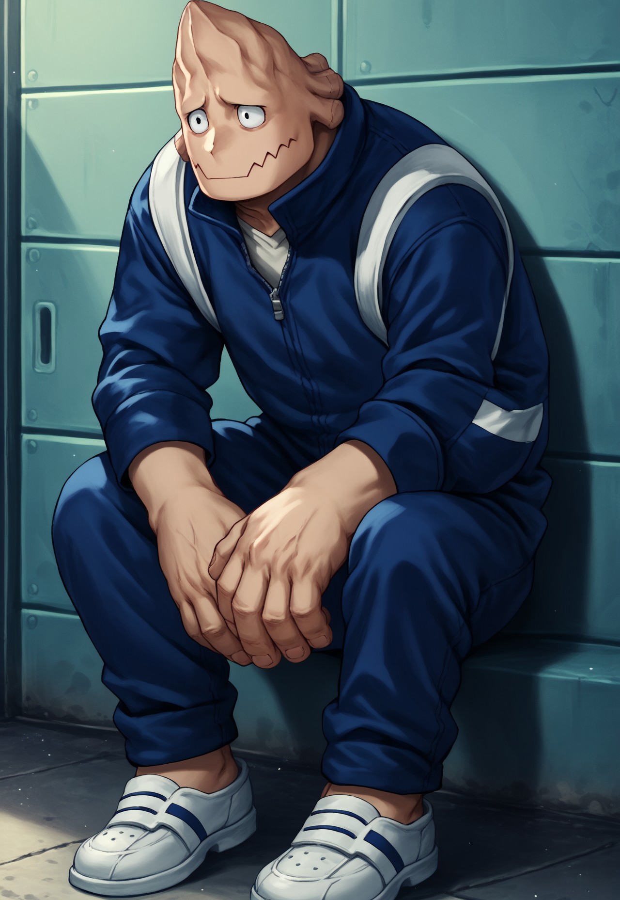 kojikoda, score_9, score_8_up, score_7_up, detailed, solo, full body, 1boy, black eyes, wavy mouth, jumpsuit, blue jacket, blue pants, shoes
