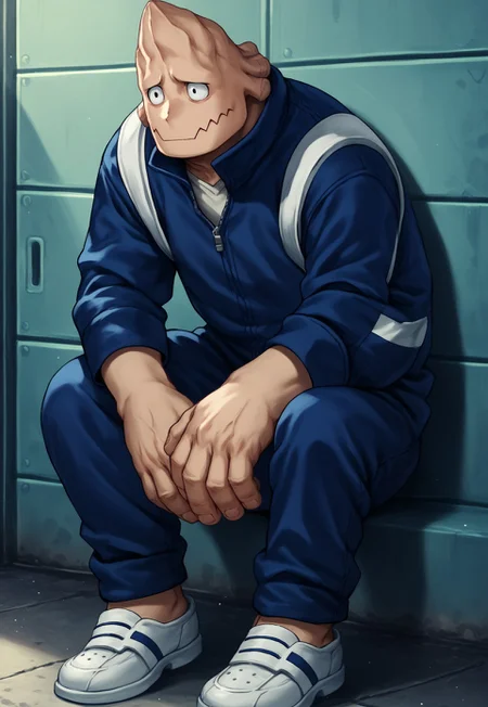 kojikoda, score_9, score_8_up, score_7_up, detailed, solo, full body, 1boy, black eyes, wavy mouth, jumpsuit, blue jacket, blue pants, shoes