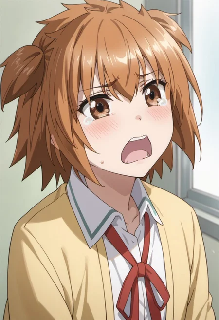 score_9, score_8_up, score_7_up, source_anime, kazama noe, brown hair, brown eyes, two side up, short hair, 1girl, solo, school uniform, tears, open mouth, blush