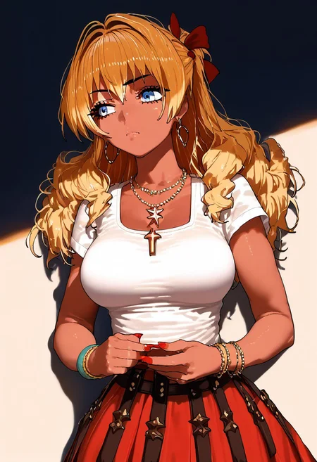 GEN, score_9, score_8_up, score_7_up,source_anime, high res image,masterpiece,best quality, rating safe
UOScarlet
1girl, solo, necklace, earrings, bracelet, hoop earrings, gyaru, blonde hair, dark-skinned female,
wearing COLORED br1gand1n3 studded brigandine