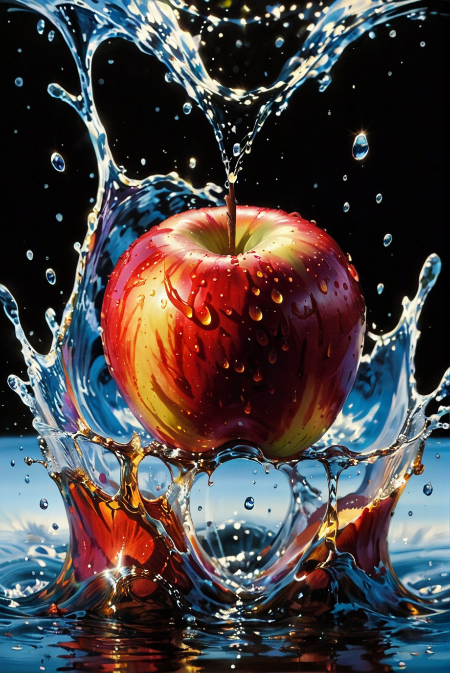 A surreal and hyper-realistic scene capturing the moment an apple drops into water, creating a spectacular splash. The vivid colors and intricate details of the water droplets and ripples are highlighted, showcasing the apple's texture and the impact's energy. The scene is illuminated with dramatic, dreamlike lighting, enhancing the visual appeal and creating a sense of beauty and motion.
surreal, hyper-realistic, apple dropping into water, spectacular splash, vivid colors, intricate details, water droplets, ripples, dramatic lighting, dreamlike, artistic, visually stunning, sense of beauty, motion, high quality, detailed, sharp clarity, breathtaking.
<lora:20240628-1719548811857:1.0>,
<lora:add-detail-xl:1.0>,
<lora:EnvyBetterHiresFixXL01:1.0>,
<lora:extremely_detailed:1.0>, extremely detailed, 
<lora:EldritchMixIllustration_1.1:0.25>,
<lora:Painted World-000006:0.8> painted world, colorful splashes,