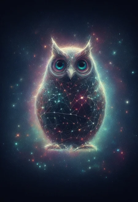 a cute chibby chicken mixed with a owl with big rainbow eyes made out of clay, it wears a cool rainbow bandana, very detailed, 4k, sharp, eating rainbow worms, novuschroma51 style, (starry night), starry_morph