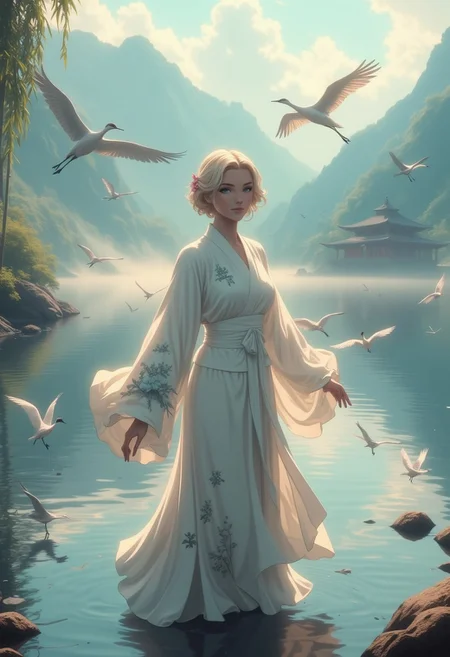 Concept art, (shot above the thighs), a graceful and ethereal European woman with platinum blonde hair, her delicate features reminiscent of a porcelain doll. She wears a flowing white kimono with patterns of cranes in flight, the fabric shimmering like the feathers of the birds she represents. Her slender arms are gracefully extended as if in mid-dance, with long sleeves that trail elegantly behind her. Her eyes are a soft, serene blue, filled with a gentle, melancholy wisdom. She stands on the edge of a tranquil lake surrounded by mist-covered mountains, where the surface of the water reflects the silvery light of the setting sun. Several cranes fly overhead, their wings casting shadows on the water below, while others wade through the shallows, their movements mirroring her own. The background is a serene, almost dreamlike landscape, with weeping willows and bamboo gently swaying in the breeze, and distant temple bells ringing softly. The atmosphere is peaceful and poignant, filled with the quiet grace of the crane maiden, a symbol of loyalty, love, and the beauty of nature, with soft, warm lighting, and a mood of quiet reflection.
, in style of Ilya Kuvshinov