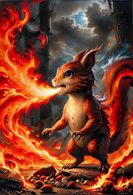 action photo, uhd (3d framed), intricate details, extremely detailed, masterpiece, masterpiece ,crazy squirrel (breathes fire:1.6), protects the nuts around,8k,F2.8, <lora:FireBreath:0.8>,<lora:The_Dark_Side_of_the_Earth:0.6>,