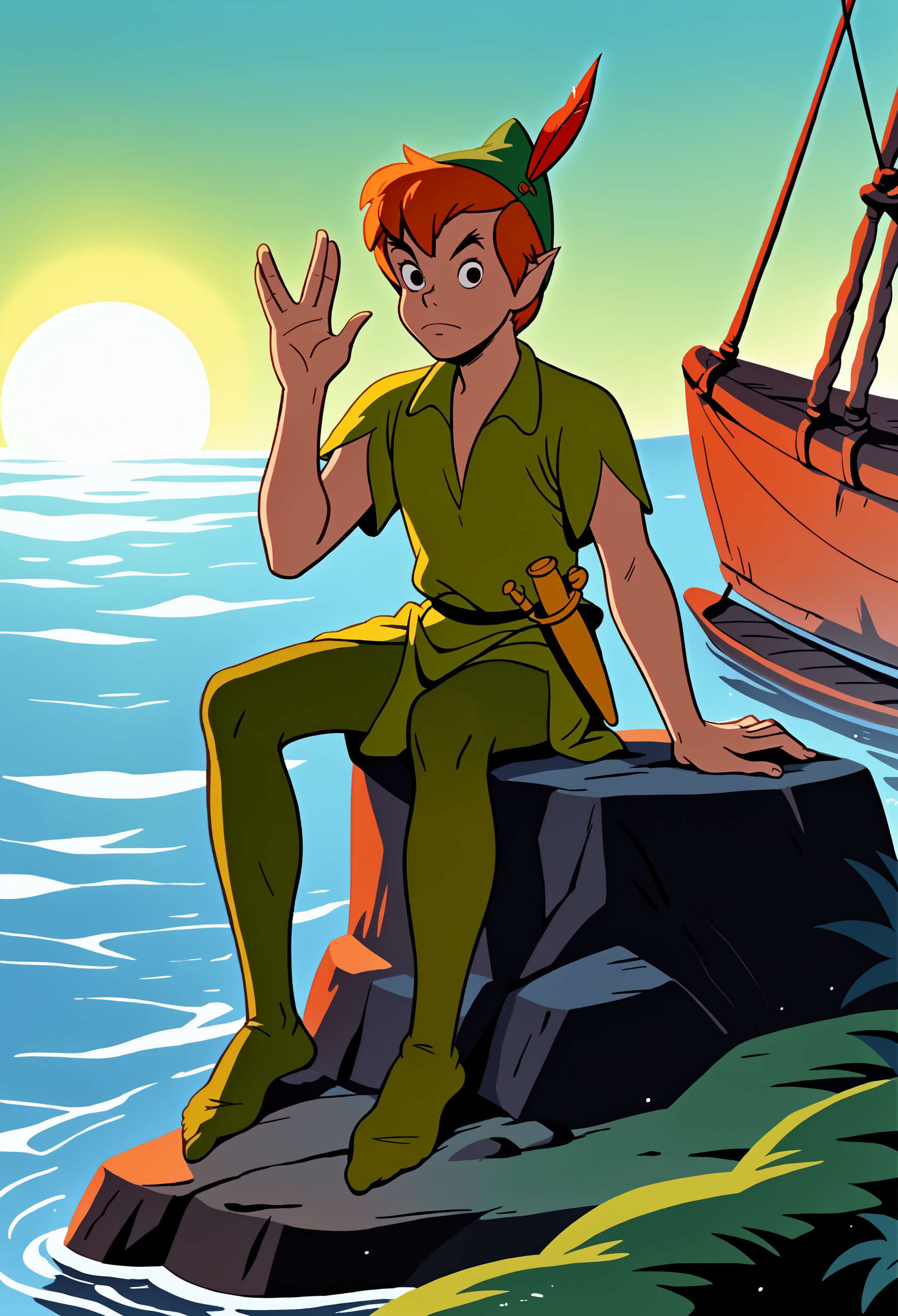 score_9, score_8_up, score_7_up, score_6_up, score_5_up,source_anime, anime screencap, anime coloring, official style, looking at viewer, 1boy, solo, male focus, fantasy,  peter pan, short hair, orange hair, pointy ears,green cap
sitting at a rock,in the lake,water,sun,feet in water,waves,wind,ship in distance<lora:peterpan_adam_02:1>
vulcansalute hand gesture<lora:VulcansalutePonyV1-000035>