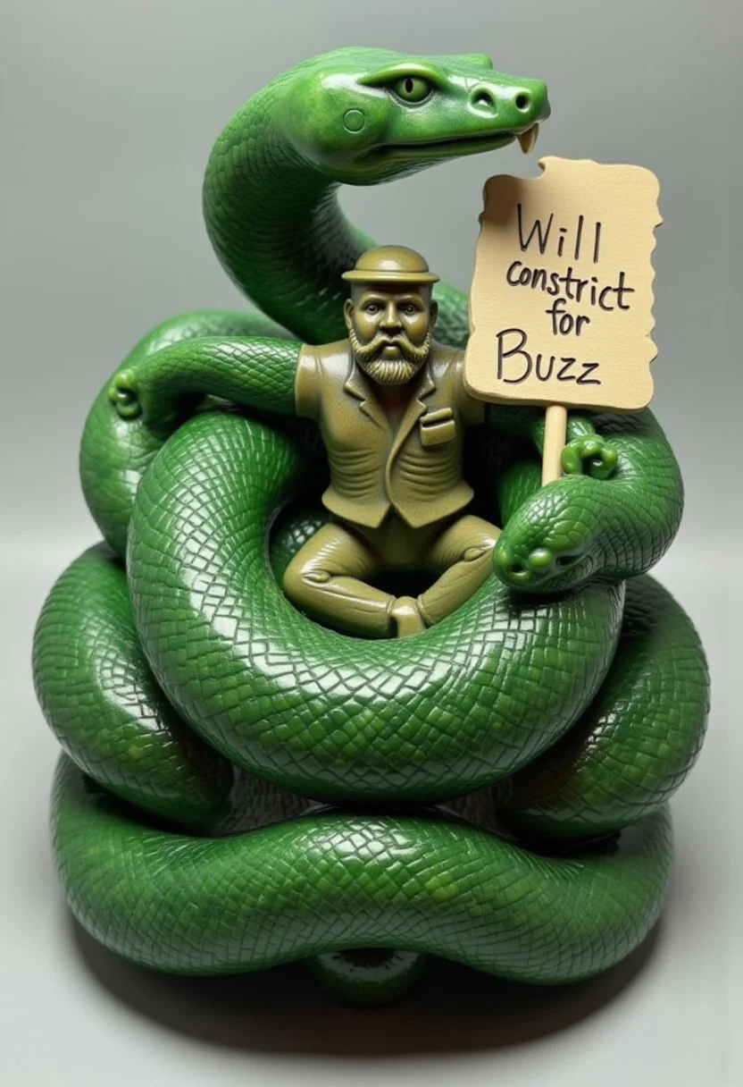 A large sexy jade_snake the size of an anaconda is wrapped around a happy looking man. It is holding a sign that says “Will constrict for Buzz”.