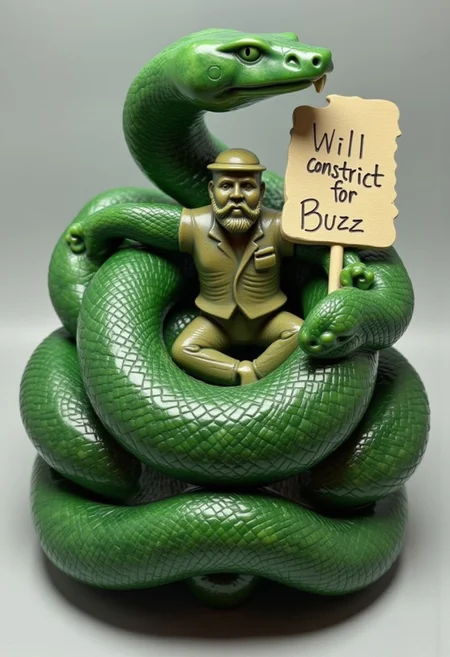 A large sexy jade_snake the size of an anaconda is wrapped around a happy looking man. It is holding a sign that says “Will constrict for Buzz”.