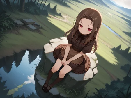 <lora:IL_Fleta:1>,1girl,solo,mb_fl,Fleta,goth_fashion,red eyes,brown clothes,goth_fashion,puffy short sleeves,bowtie,close-up of face,looking at viewer,disheveled hair,waist apron,kneehighs,black mary janes,outdoors,bushes,abandoned ruins,landscape,Narrowed eyes,convenient censoring,dutch angle,foreshortening,sitting on rock,from above,, masterpiece,best quality,amazing quality,ultra detailed, very aesthetic,absurdres,skinny,general,highres, ultra-detailed, amazing quality, newest, scenery,beautiful detailed hair, beautiful detailed eyes, beautiful detailed face, dynamic lighting, super detailed skin,sharp focus, uncensored,