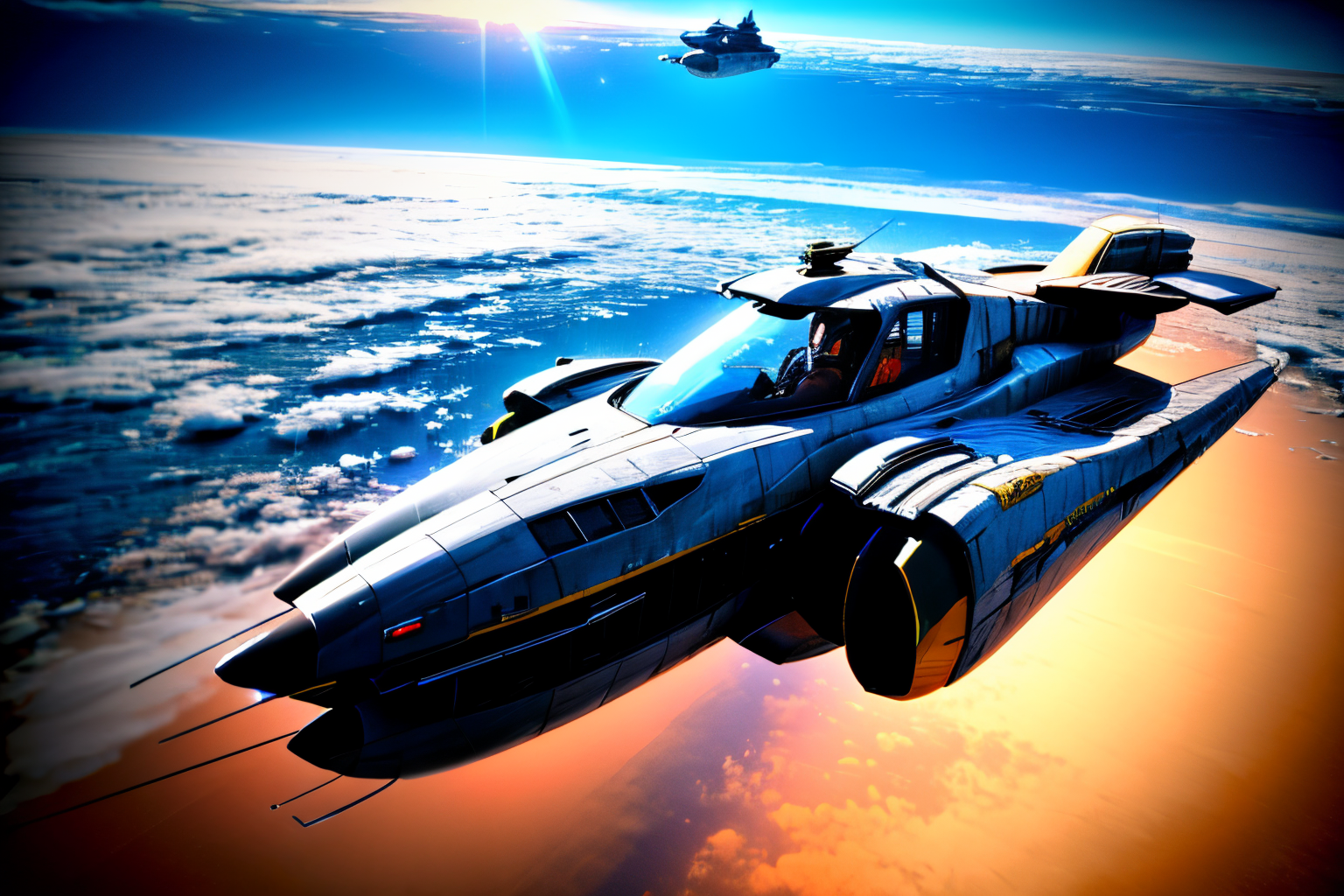 (Realistic:1.5) (masterpiece) city, helmet, aircraft, ocean, flying, cockpit, jet, 1980s (style), holding weapon, shadow, <lora:EdobSpaceShip01_v1.0:0.8>