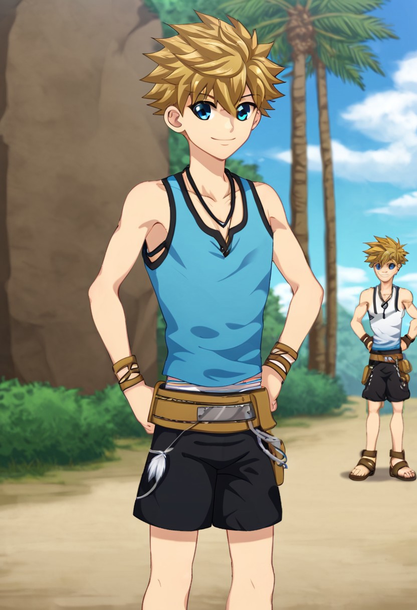 connor bleufin, blond hair, short hair, spiky hair, blue eyes, 1boy, solo, solo focus, medium build body, wear blue tank top, wear black shorts, outdoor, sunny day, clear sky, standing