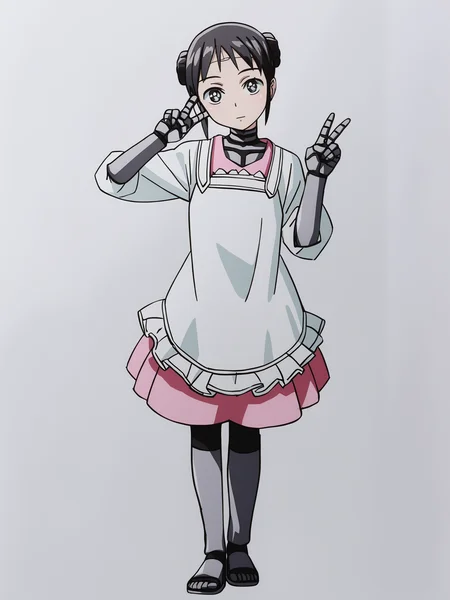 score_9, source_anime, masterpiece, best quality, (white background:1.3), <lora:Mina_PDXLv0:0.8> 1girl, mina, double braided bun, short hair, dress, white apron, looking at viewer, head tilt, full body, v:1.2, solo,