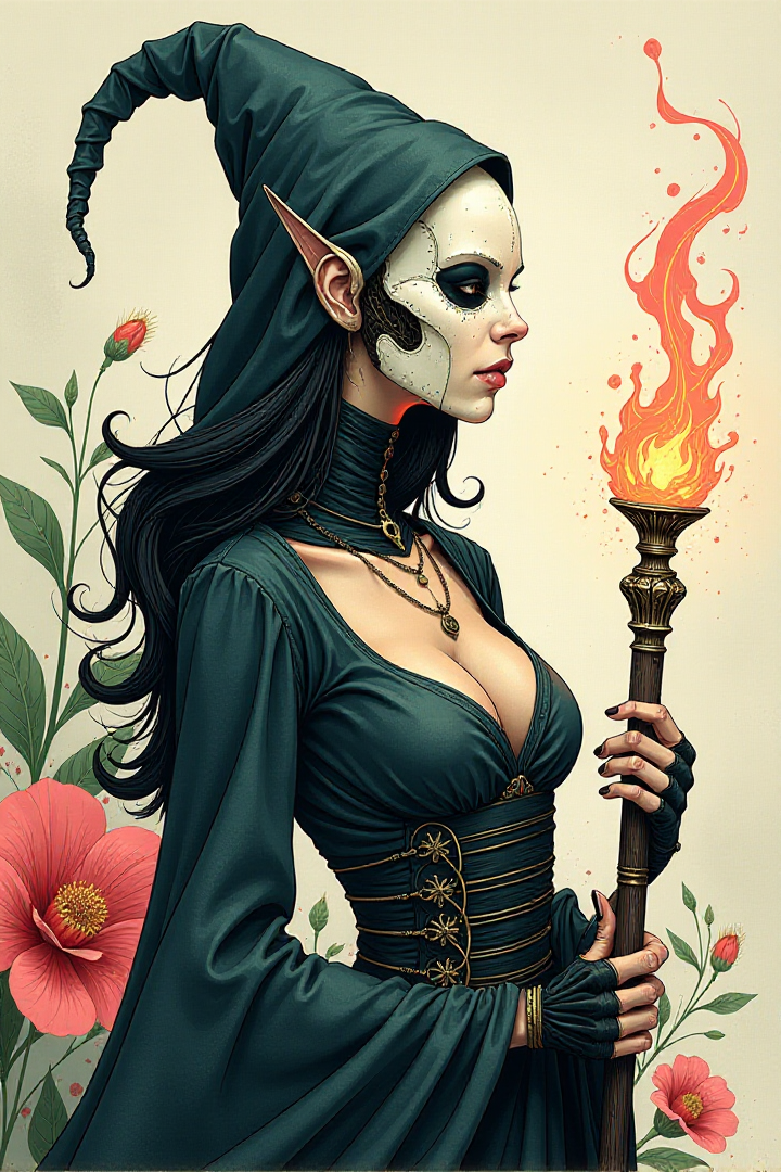 Anna Dittmann style character,digital illustration of a female plague doctor, biomechanical, in a thick line hand-drawn style,watercolor,flowery background, rough, minimalism, side view image,comic art, white plague doctor mask, glowing magical staff finished by Kay Nielsen, opaque paint, mysterious, sexy rococo cleavage, mysteriousâââ