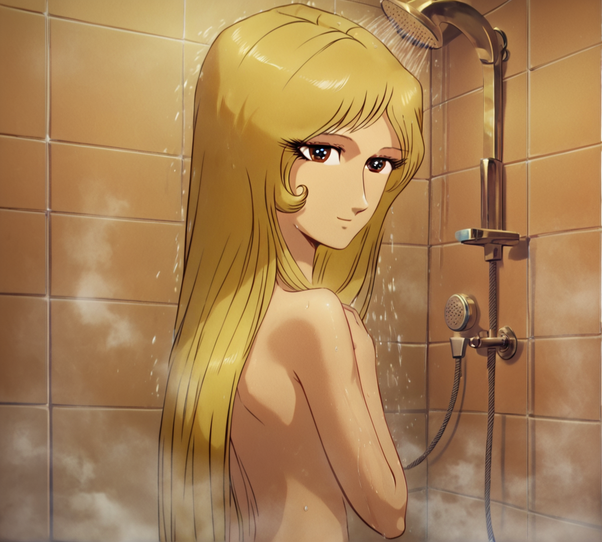 Maetel, retro style, 1980s, flat color, zPDXL, best quality, amazing quality, score 9, 1girl, shower room, hands up, nude, back, looking at viewer, turning head, smile, closed mouth, convenient censorship, steam, wet, <lora:Maetel:1>