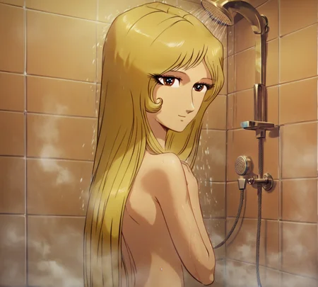 Maetel, retro style, 1980s, flat color, zPDXL, best quality, amazing quality, score 9, 1girl, shower room, hands up, nude, back, looking at viewer, turning head, smile, closed mouth, convenient censorship, steam, wet, <lora:Maetel:1>