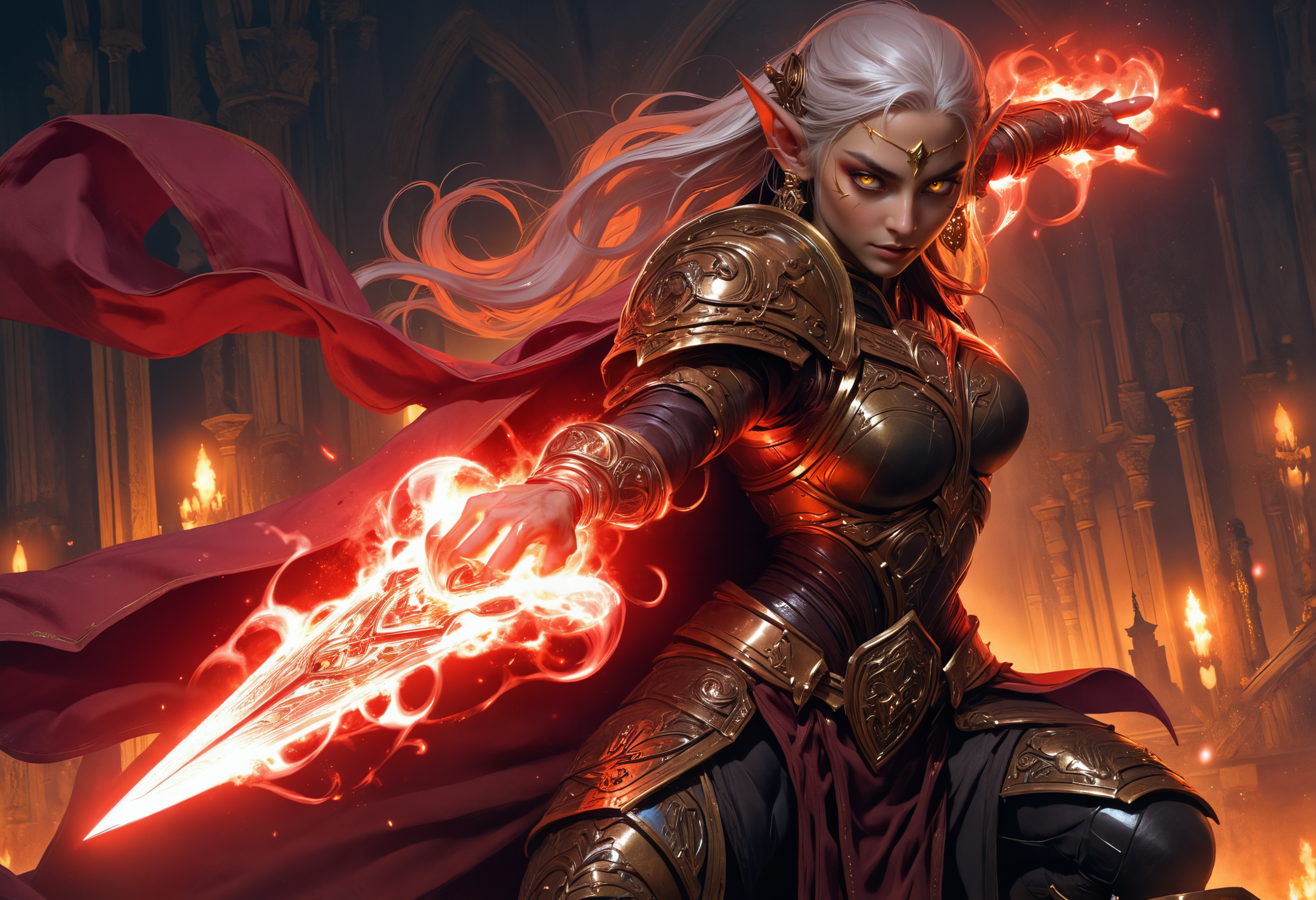 highly detailed and hyper realistic, hyper realistic and highly detailed photo, D&D High Elves female warrior with glowing eyes wielding a holy great sword with magical glowing aura in shiny armor, long silver hair, action shot, photorealistic, epic dynamic pose, epic cinematic composition, soft natural color grading, volumetric lighting, ethereal light, panoramic action movie full shot, red and golden yellow hues
<lora:xl_more_art-full_v1:0.5> <lora:add-detail-xl:1>